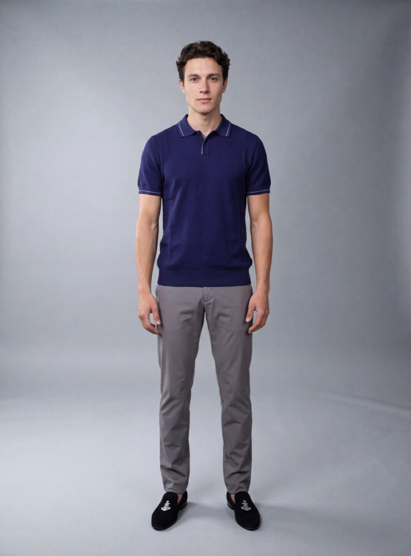 Polo Ajusté Col Boutonné En Maille Texturé - Bleu Royale – Image 4