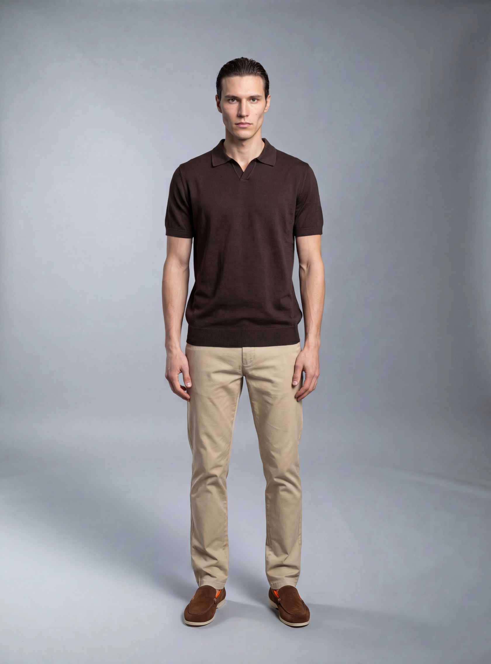 Polo Ajusté Col Ouvert En Maille - Marron – Image 4