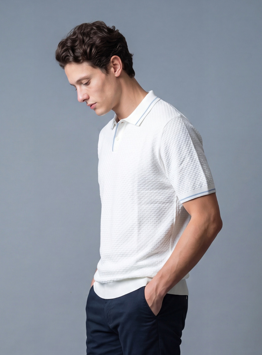Polo Ajusté Col Boutonné En Maille Texturé - Ecru – Image 2