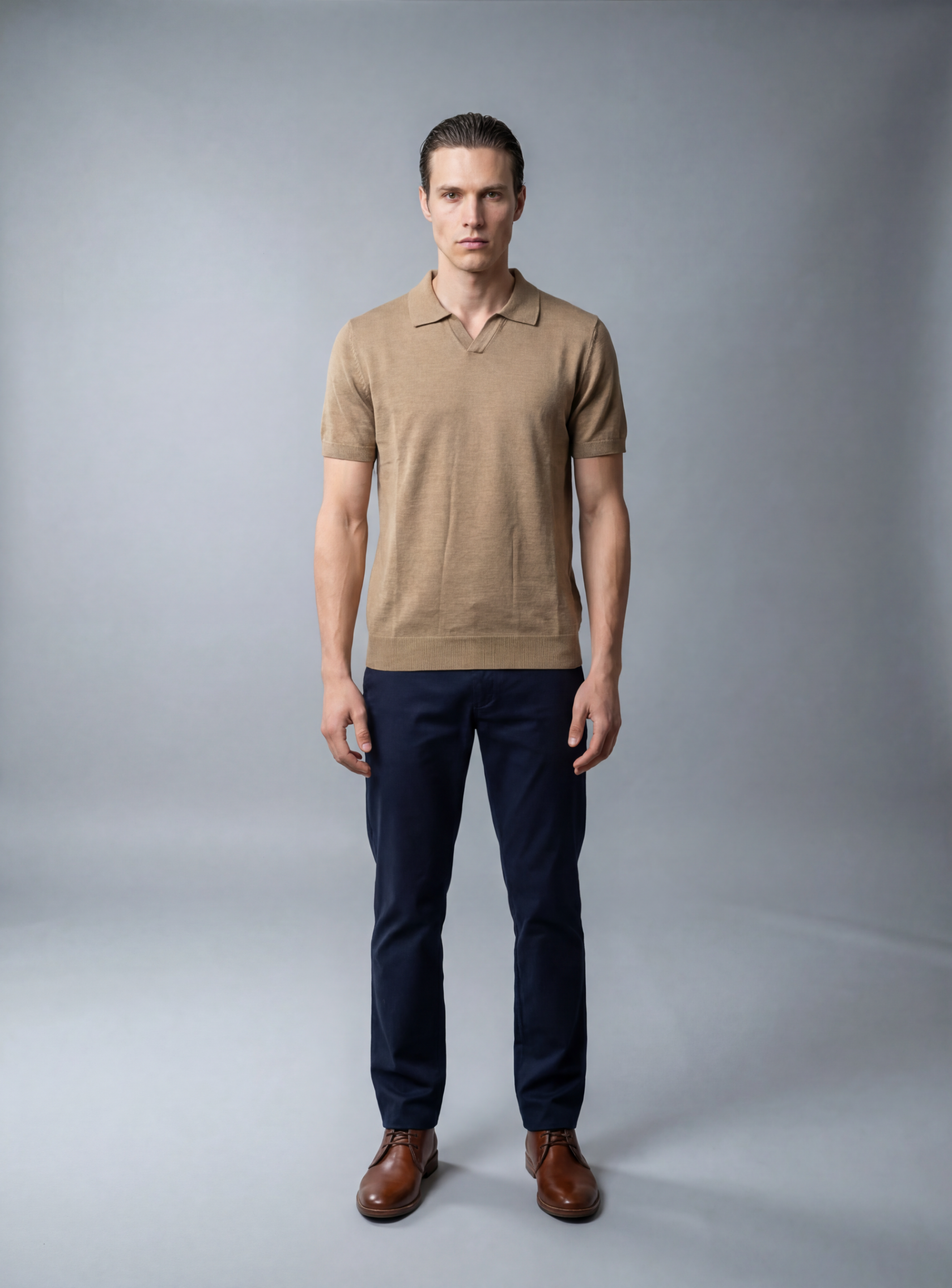 Polo Ajusté Col Ouvert En Maille - Beige – Image 4