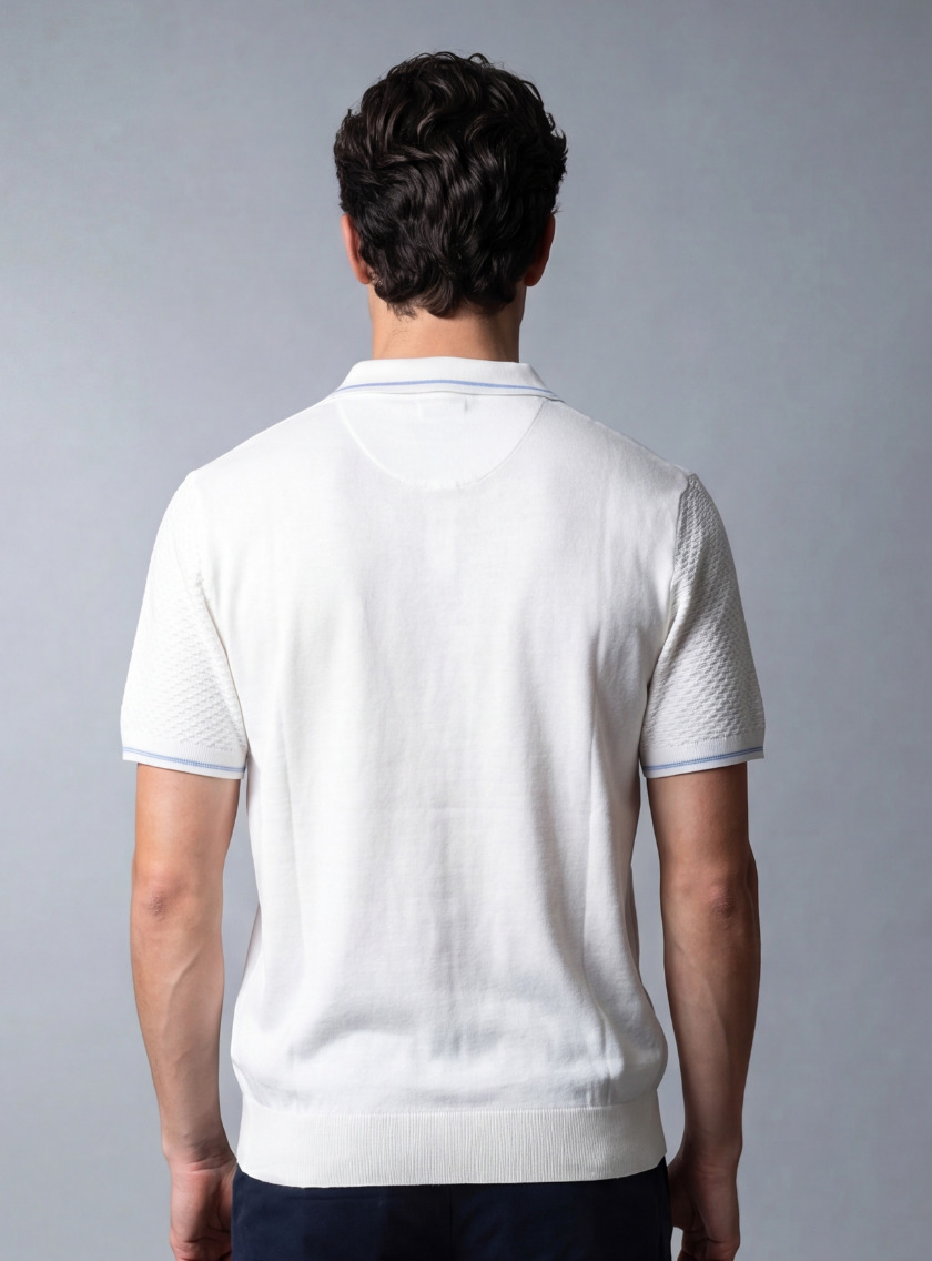 Polo Ajusté Col Boutonné En Maille Texturé - Ecru – Image 3