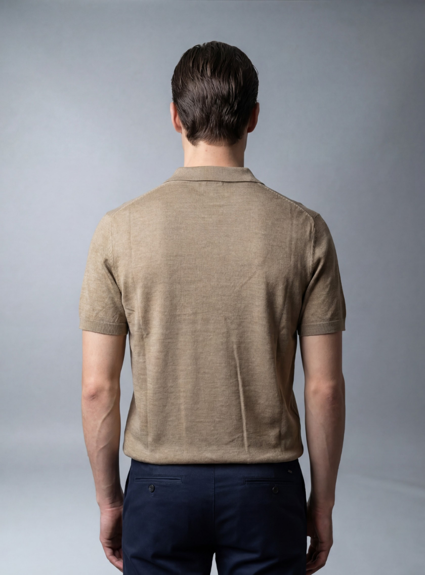 Polo Ajusté Col Ouvert En Maille - Beige – Image 3
