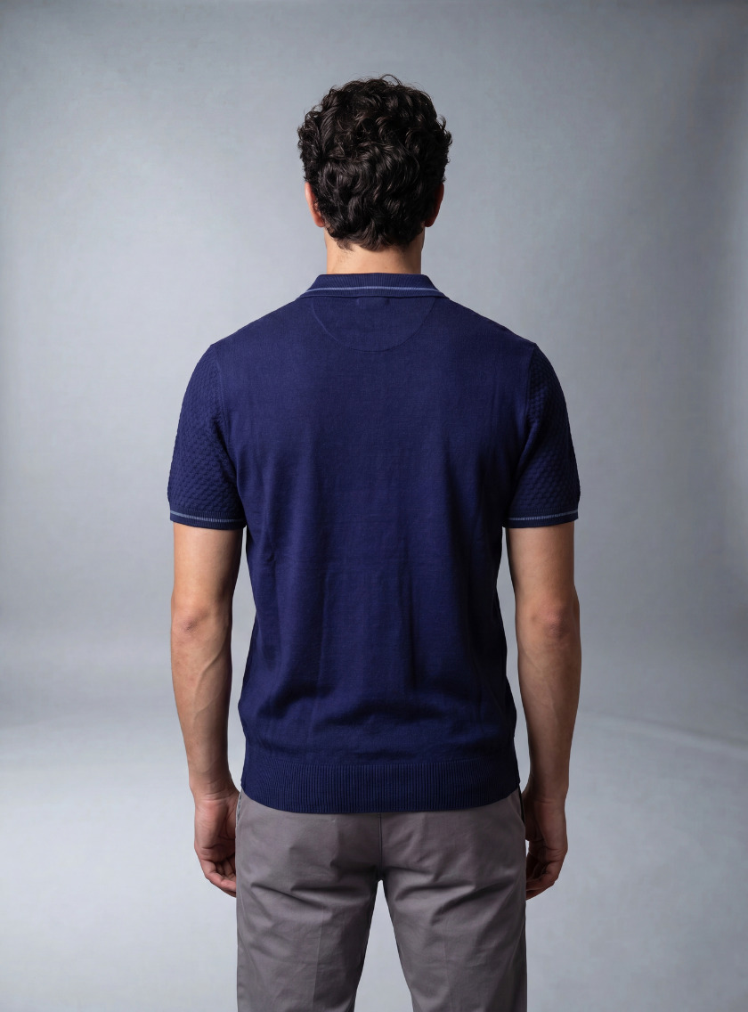 Polo Ajusté Col Boutonné En Maille Texturé - Bleu Royale – Image 3