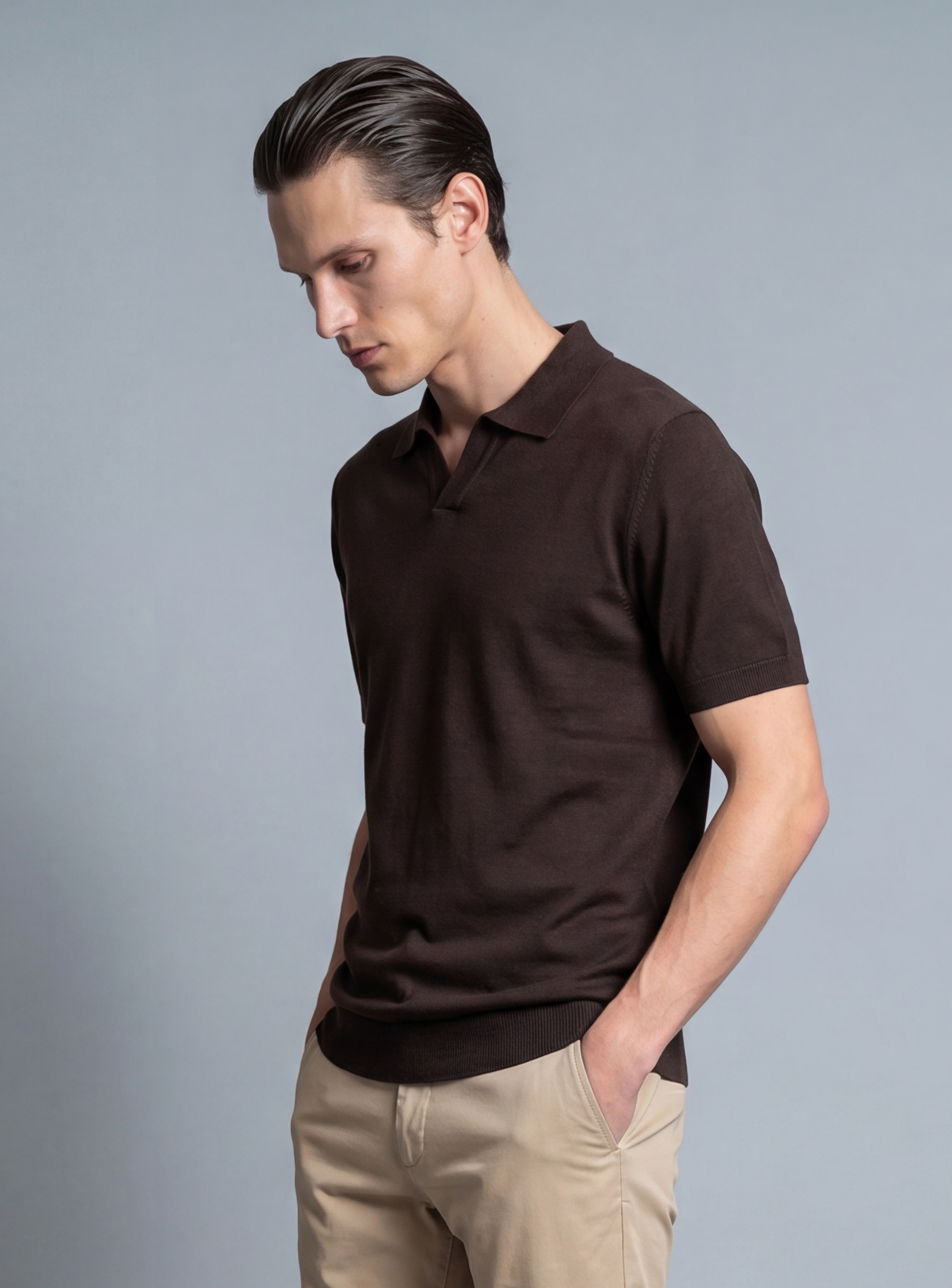 Polo Ajusté Col Ouvert En Maille - Marron – Image 2