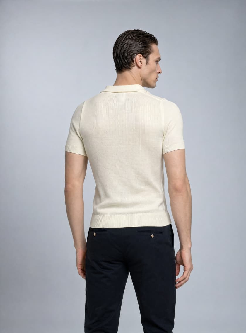 Polo Ajusté Col Ouvert En Maille - Ecru – Image 3