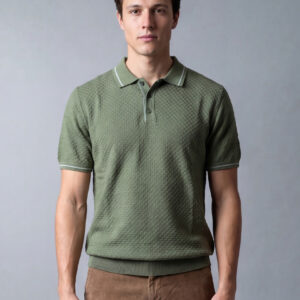 Polo Ajusté Col Boutonné En Maille Texturé - Vert