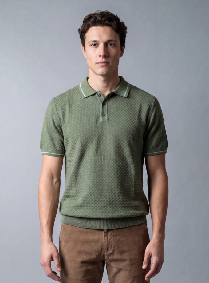 Polo Ajusté Col Boutonné En Maille Texturé - Vert