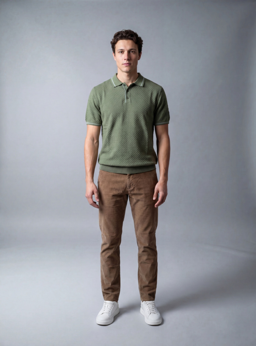 Polo Ajusté Col Boutonné En Maille Texturé - Vert – Image 4