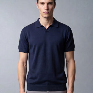 Polo Ajusté Col Ouvert En Maille - Bleu Marine