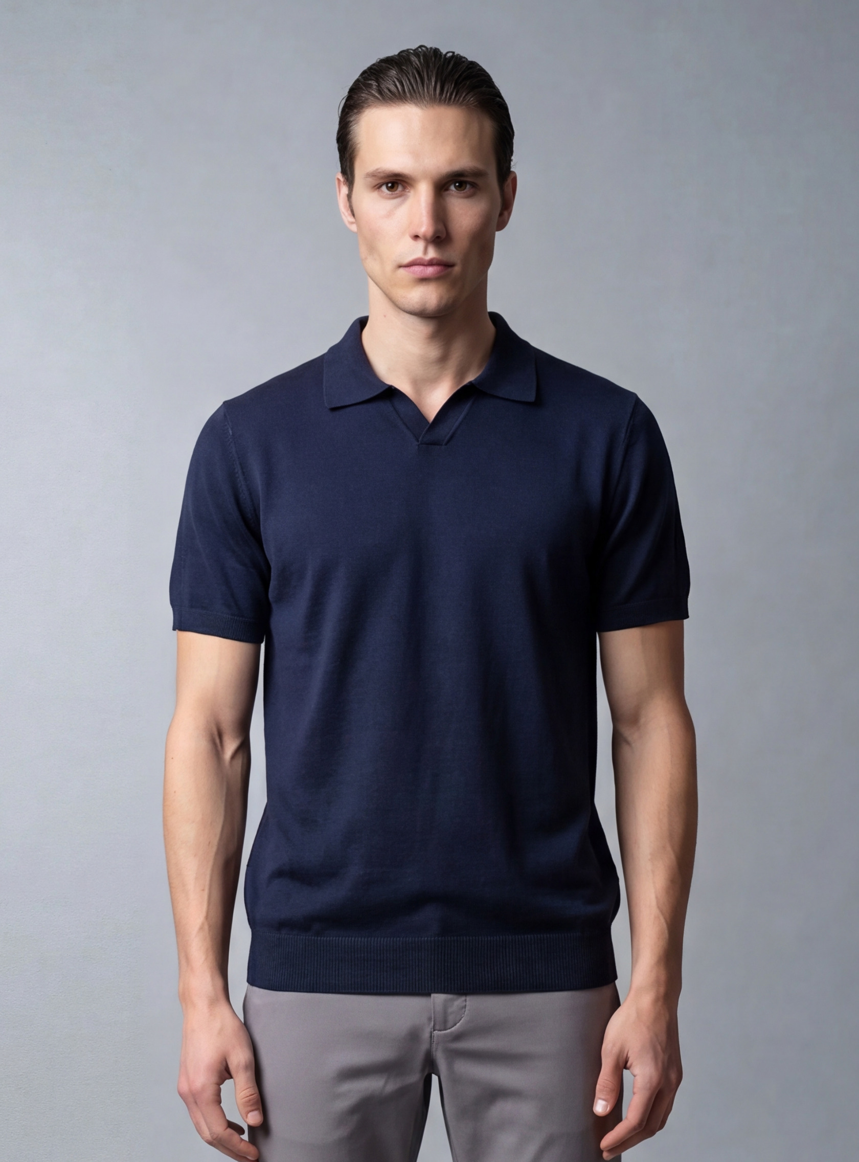 Polo Ajusté Col Ouvert En Maille - Bleu Marine