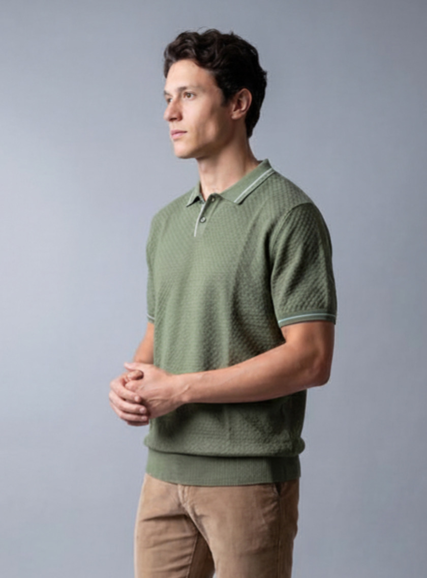 Polo Ajusté Col Boutonné En Maille Texturé - Vert – Image 2