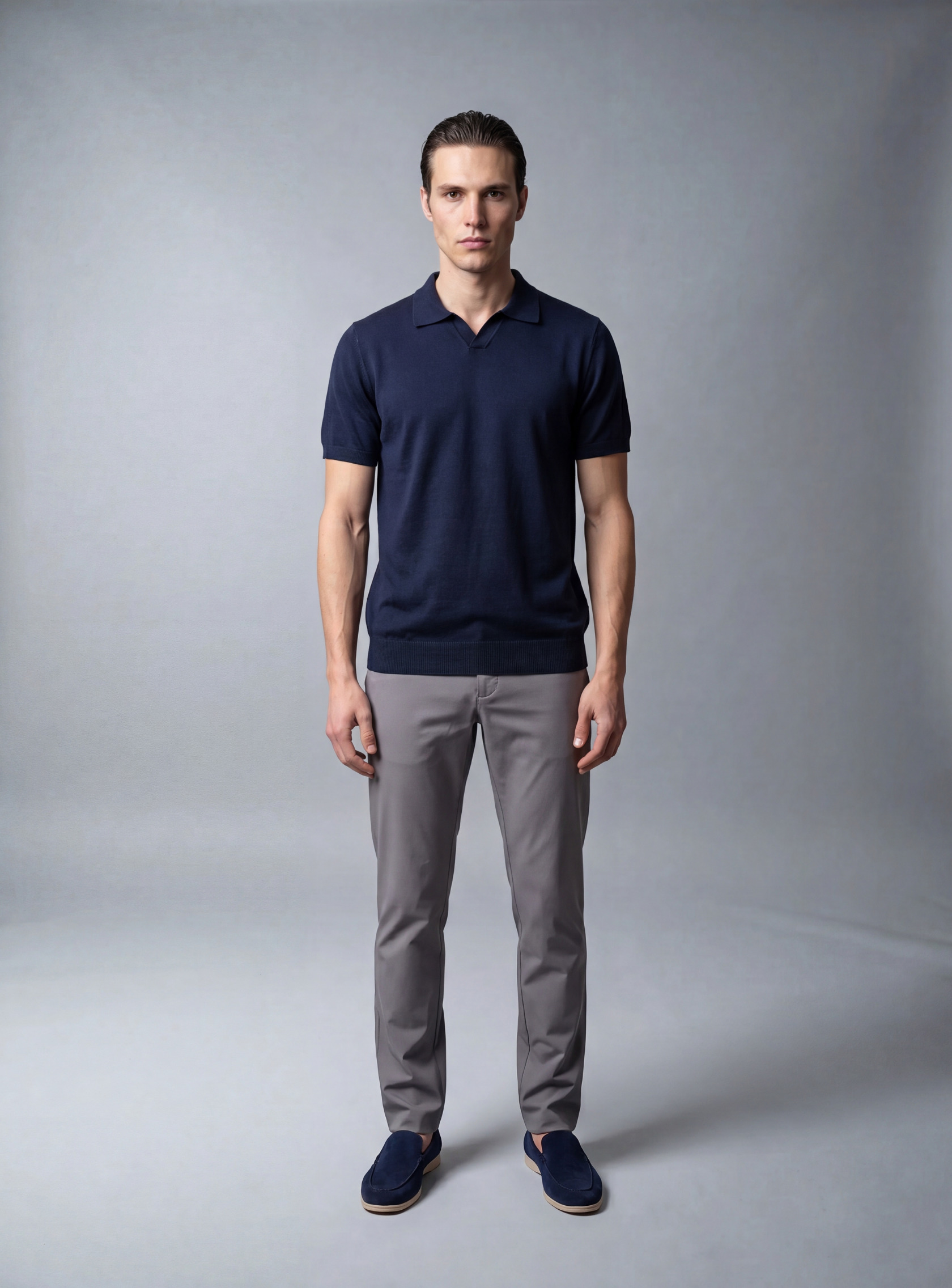 Polo Ajusté Col Ouvert En Maille - Bleu Marine – Image 4