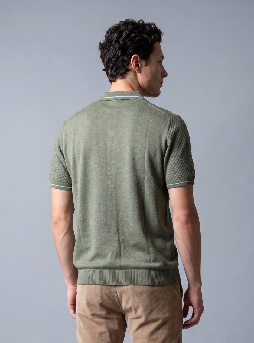 Polo Ajusté Col Boutonné En Maille Texturé - Vert – Image 3