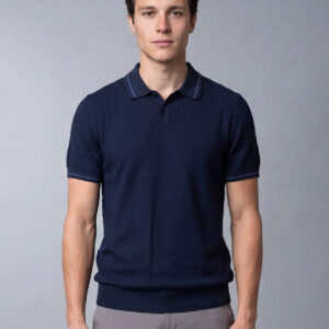 Polo Ajusté Col Boutonné En Maille Texturé - Bleu Marine