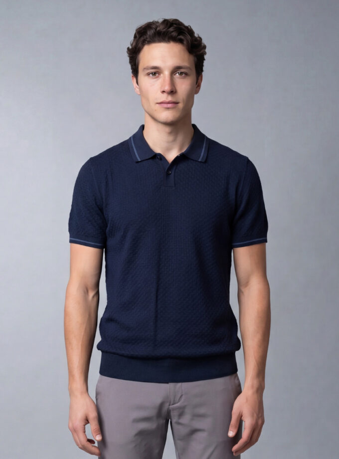 Polo Ajusté Col Boutonné En Maille Texturé - Bleu Marine