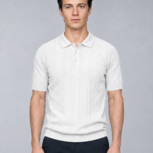 Polo Ajusté Col Boutonné Texturé en Maille - Blanc