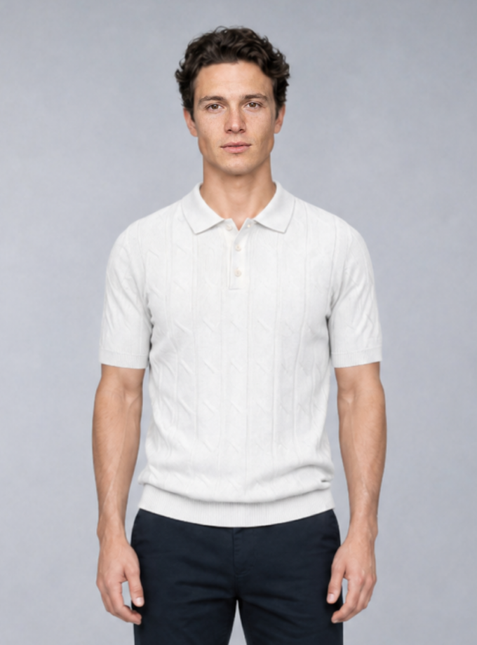 Polo Ajusté Col Boutonné Texturé en Maille - Blanc